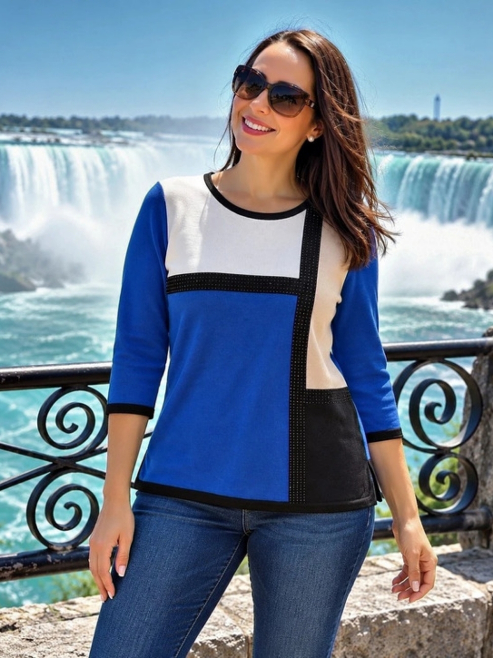 Alfred Dunner Petite L Classics Color Block Sweater Long Sleeve Top Blue & Black